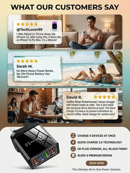 ⚡️The Secret to Faster Phone Performance📱Four-Port Travel Charger for Extended Phone Battery Life