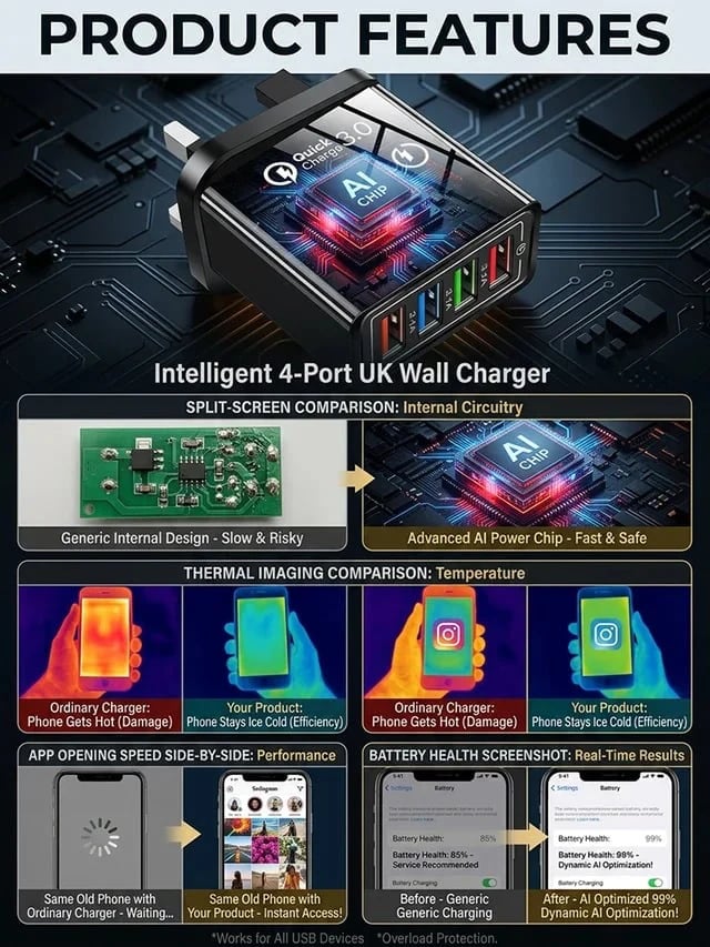 ⚡️The Secret to Faster Phone Performance📱Four-Port Travel Charger for Extended Phone Battery Life